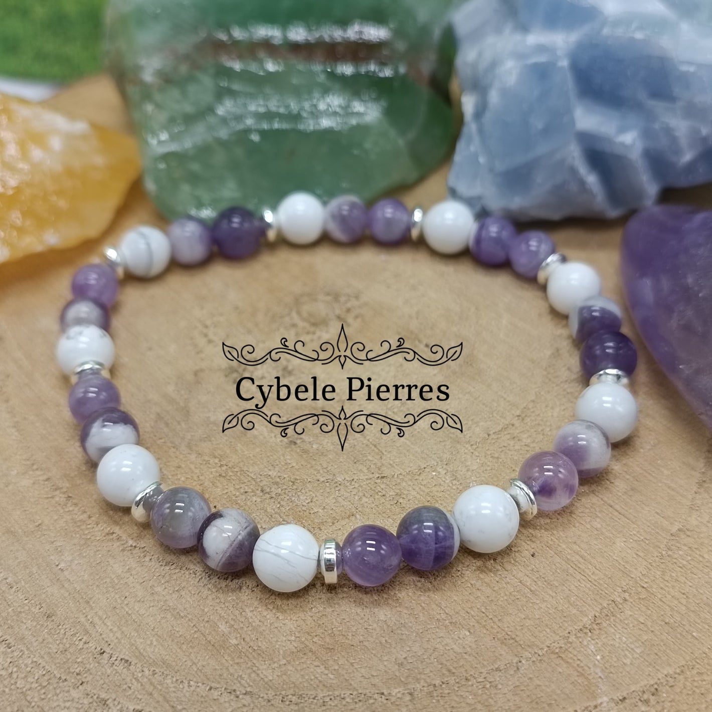 Bracelet Nuances - Améthyste, Améthyste rubannée et Howlite - 18cm (6mm)