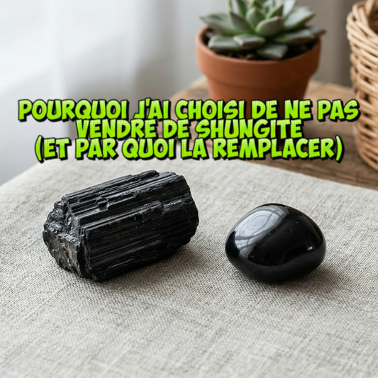 Une photographie en lumière naturelle montrant un fragment brut de tourmaline noire à gauche et une pierre roulée polie d'obsidienne noire à droite, reposant sur un tissu de lin clair. Ces pierres sont présentées comme des alternatives pour la protection 