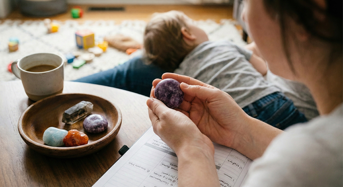 Maman tenant une pierre de lépidolite dans un salon avec enfant qui dort