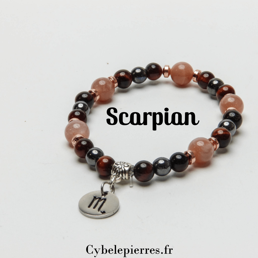 Bracelet astrologique Scorpion : œil de taureau, hématite et pierre de soleil