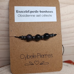 10 - Bracelet Porte - bonheur réglable cordon - Obsidienne Oeil Céleste - Cybele Pierres