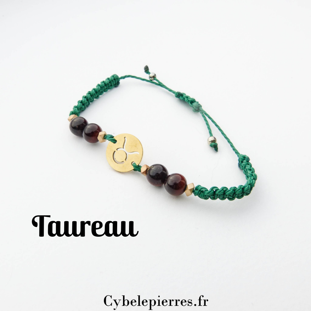 Bracelet Astrologie Taureau – Œil de Taureau (Réglable, Breloque Dorée) | Stabilité et Persévérance