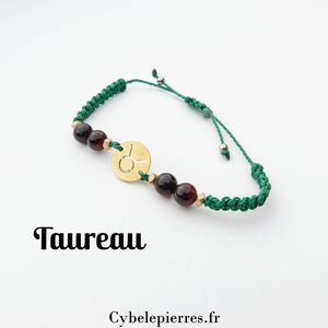 Bracelet Astrologie Taureau – Œil de Taureau (Réglable, Breloque Dorée) | Stabilité et Persévérance