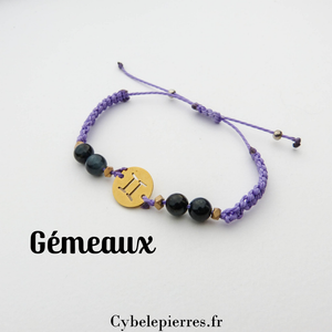 Bracelet Astrologie Gémeaux Œil de Faucon – Réglable, Breloque Dorée | Clarté et Adaptabilité