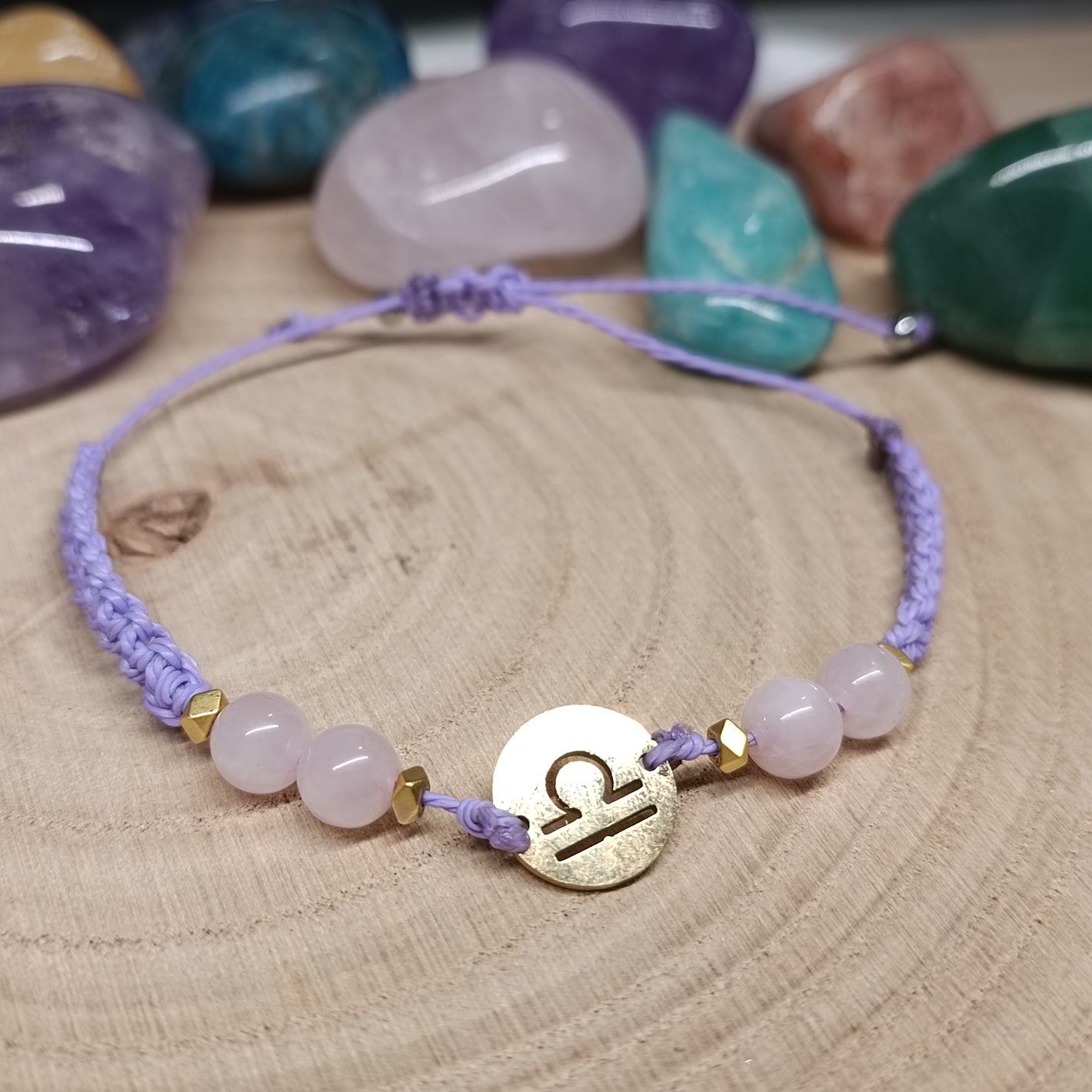 Bracelet Astrologie Balance Quartz Rose – Réglable, Breloque dorée