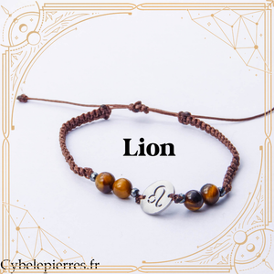 Bracelet Astrologie Lion Œil de tigre – Réglable, breloque argentée