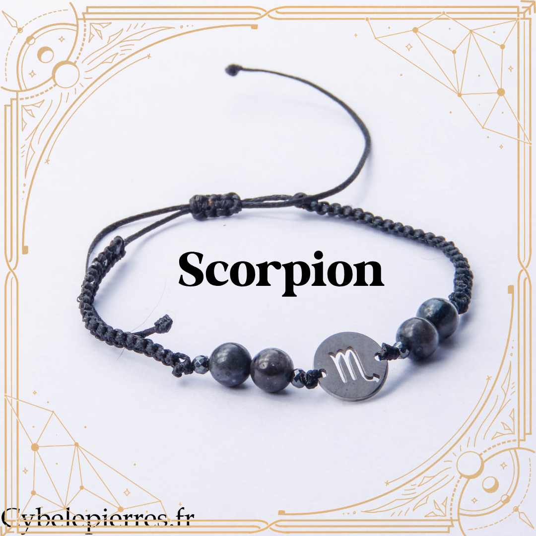 Bracelet Astrologie Scorpion Larvikite – Réglable, Breloque Argentée