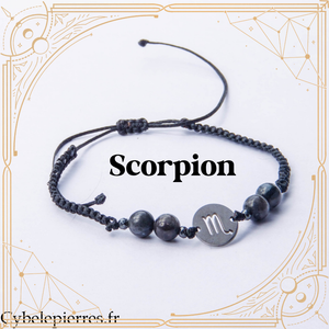 Bracelet Astrologie Scorpion Larvikite – Réglable, Breloque Argentée