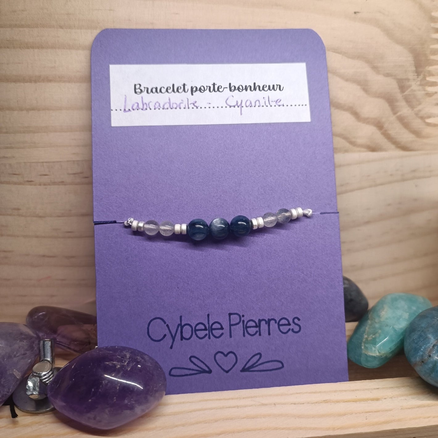 33 - Bracelet Porte - bonheur réglable cordon - Labradorite et Cyanite - Cybele Pierres