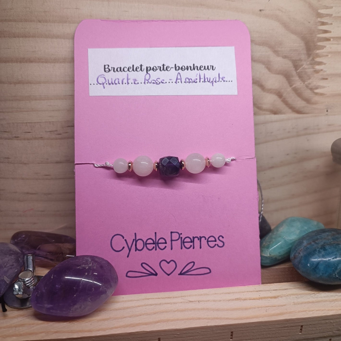 36 - Bracelet Porte - bonheur réglable cordon - Quartz rose et Améthyste - Cybele Pierres
