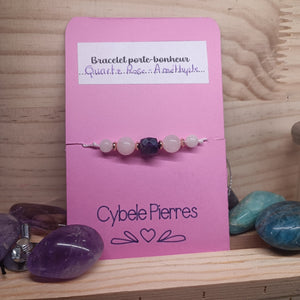 36 - Bracelet Porte - bonheur réglable cordon - Quartz rose et Améthyste - Cybele Pierres