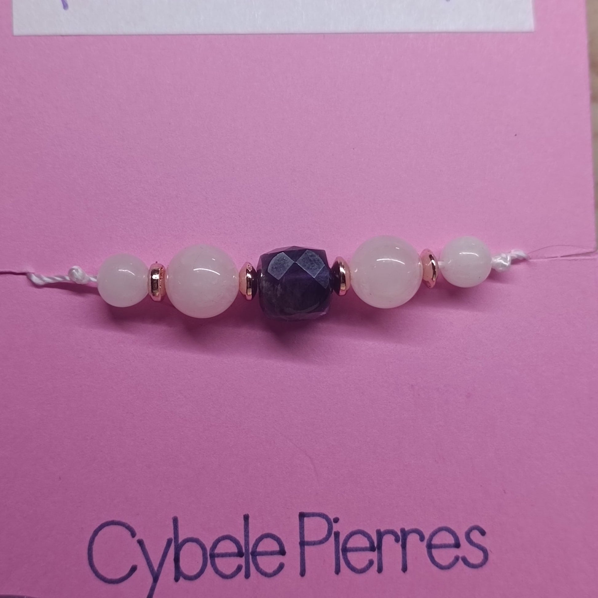 36 - Bracelet Porte - bonheur réglable cordon - Quartz rose et Améthyste - Cybele Pierres