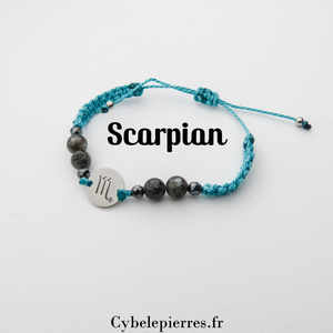 Bracelet Astrologie Scorpion Larvikite – Réglable, Breloque Argentée