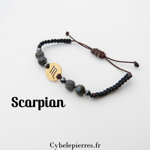 Bracelet Astrologie Scorpion Larvikite – Réglable, Breloque dorée