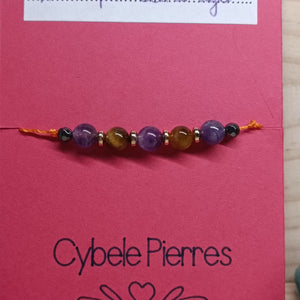 50 - Bracelet Porte - bonheur réglable cordon - Améthyste & Oeil de tigre (6mm) - Cybele Pierres
