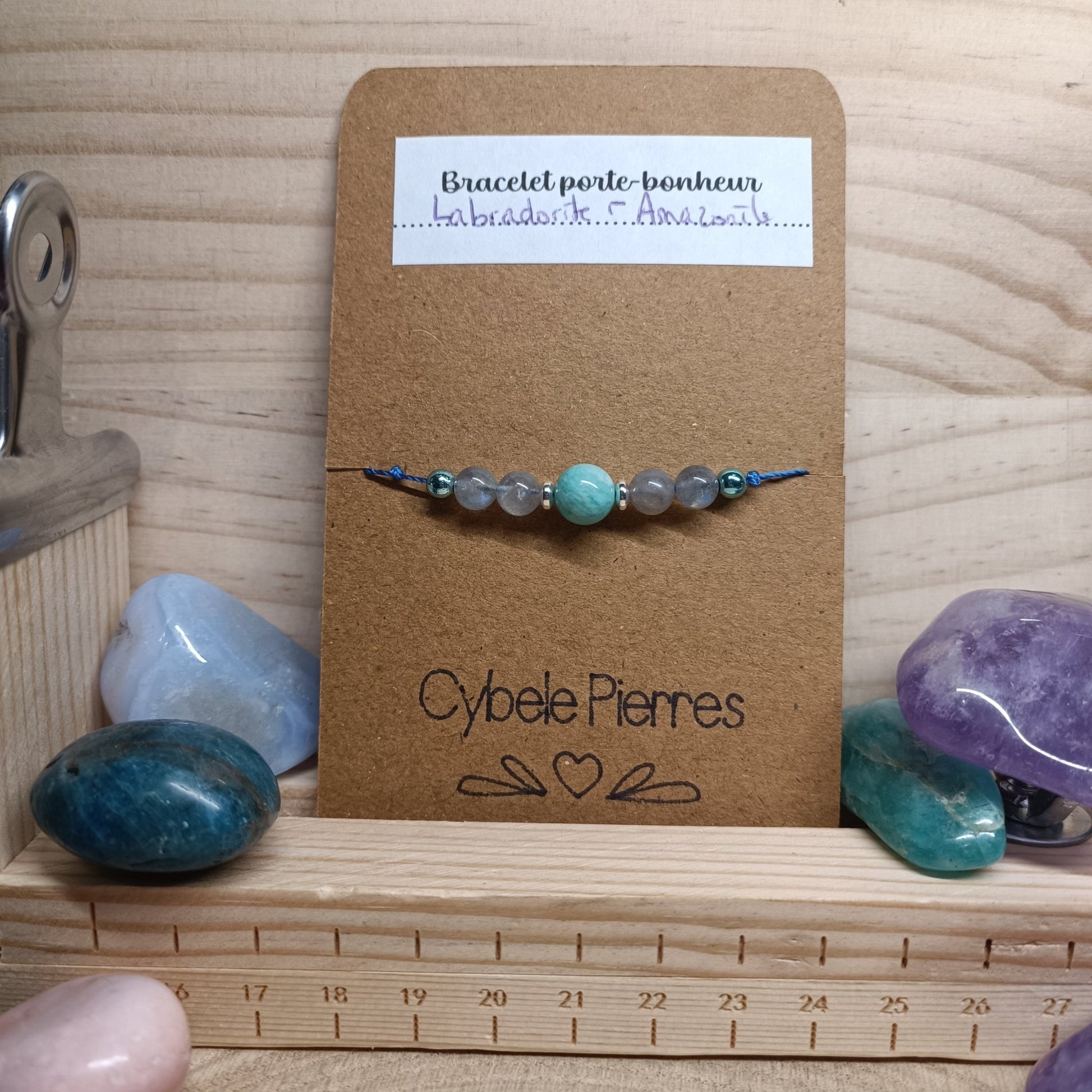 51 - Bracelet Porte - bonheur réglable cordon - Amazonite et Labradorite (6et 8mm) - Cybele Pierres