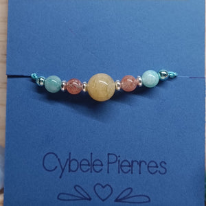 53 - Bracelet Porte - bonheur réglable cordon Amazonite, Pierre de Soleil et Héliodore (6mm et 10mm) - Cybele Pierres