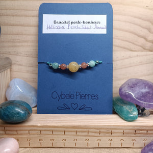 53 - Bracelet Porte - bonheur réglable cordon Amazonite, Pierre de Soleil et Héliodore (6mm et 10mm) - Cybele Pierres