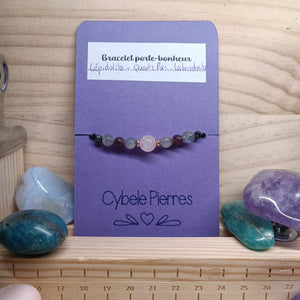 54 - Bracelet Porte - bonheur réglable cordon - Quartz rose, Labradorite et Lépidolite (6 et 8mm) - Cybele Pierres