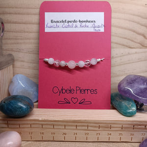 55 - Bracelet porte - Bonheur réglable cordon - Quartz Rose, Kunzite et Cristal de Roche (6 et 8mm) - Cybele Pierres