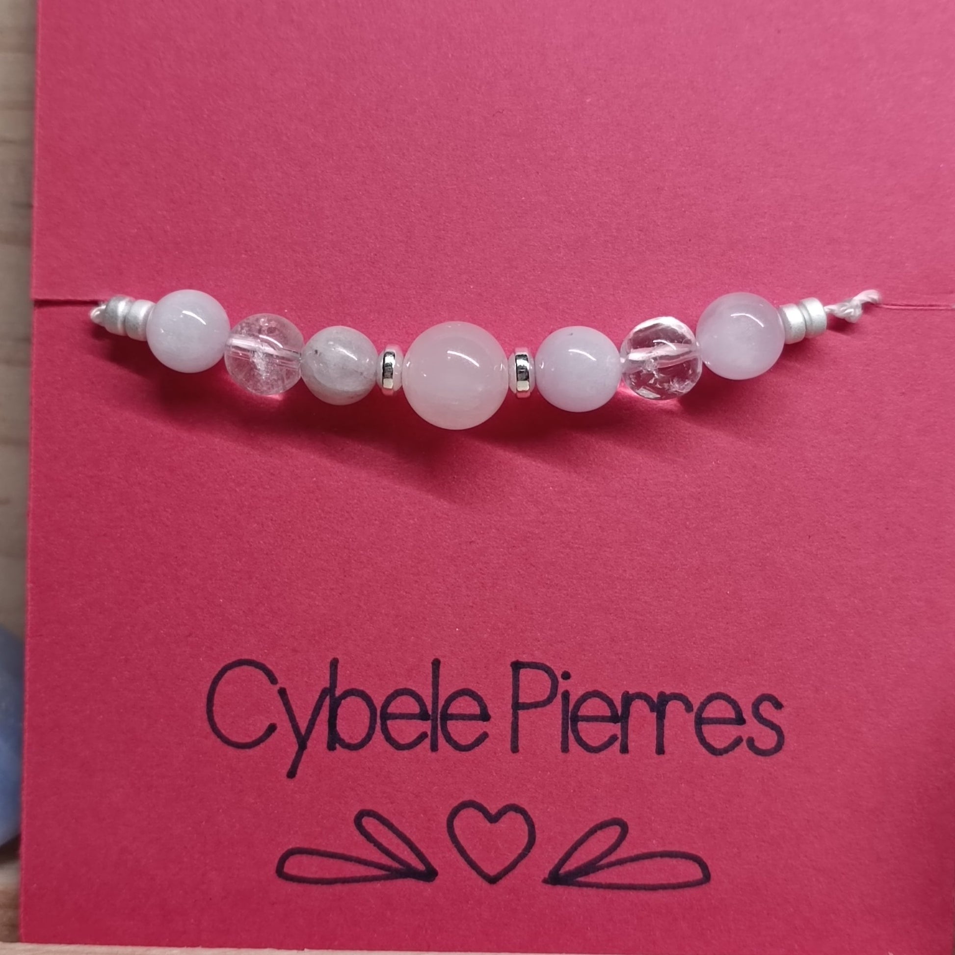 55 - Bracelet porte - Bonheur réglable cordon - Quartz Rose, Kunzite et Cristal de Roche (6 et 8mm) - Cybele Pierres