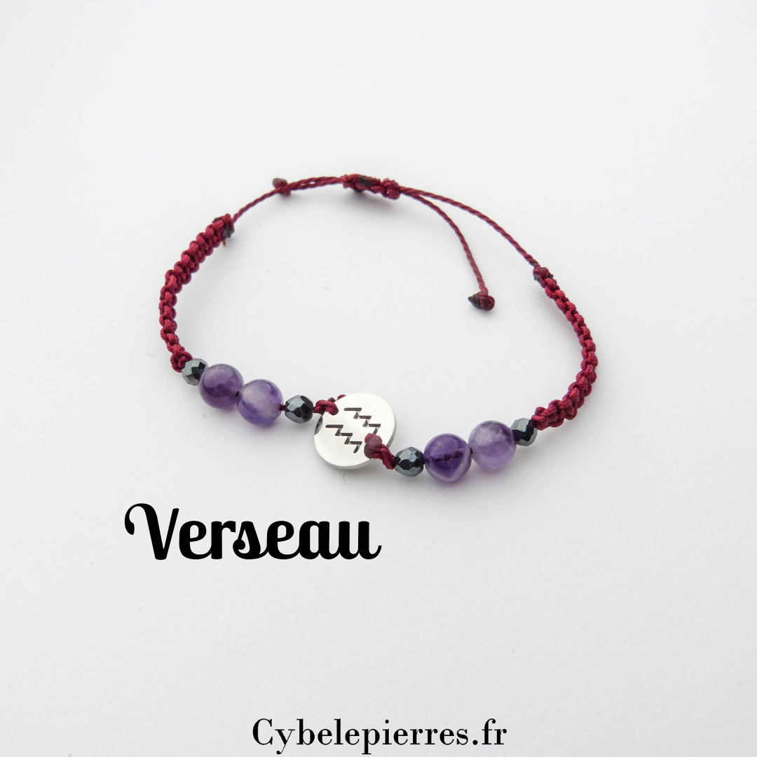 Bracelet Astrologie Verseau Améthyste – Réglable, Breloque Argentée