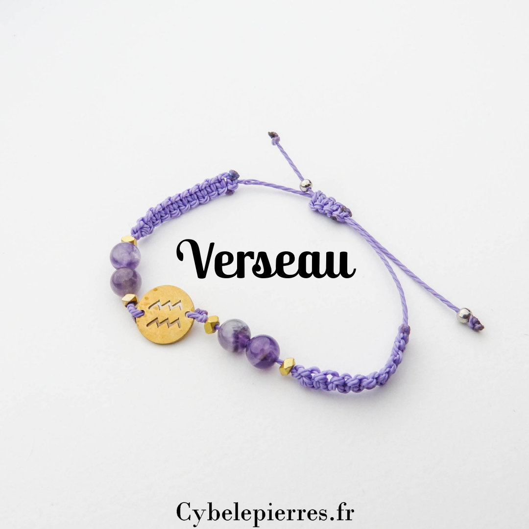 Bracelet Astrologie Verseau Améthyste – Réglable, Breloque dorée