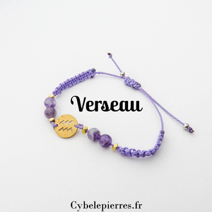 Bracelet Astrologie Verseau Améthyste – Réglable, Breloque dorée
