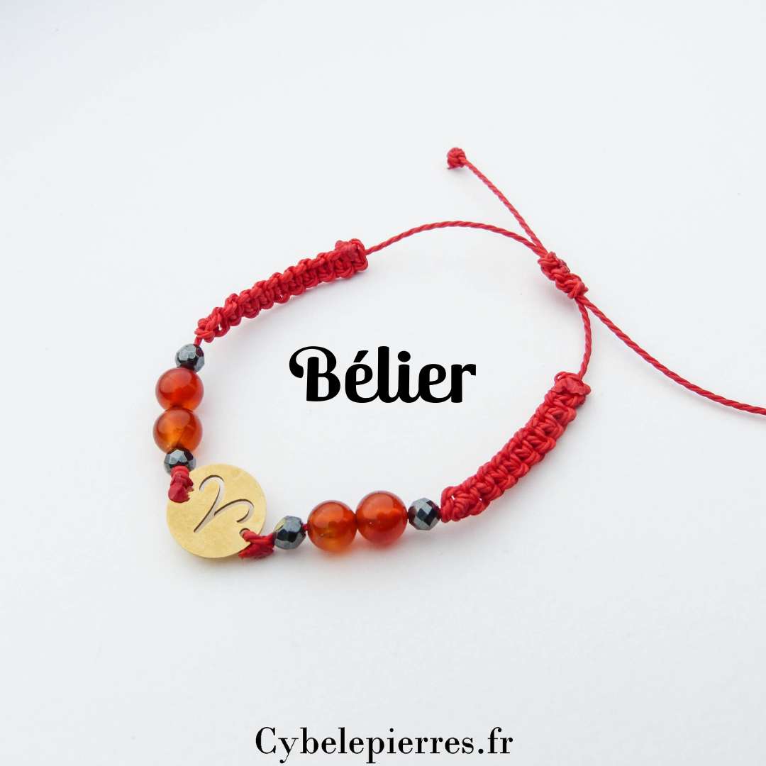 Bracelet Astrologie Bélier Cornaline – Réglable, Breloque dorée