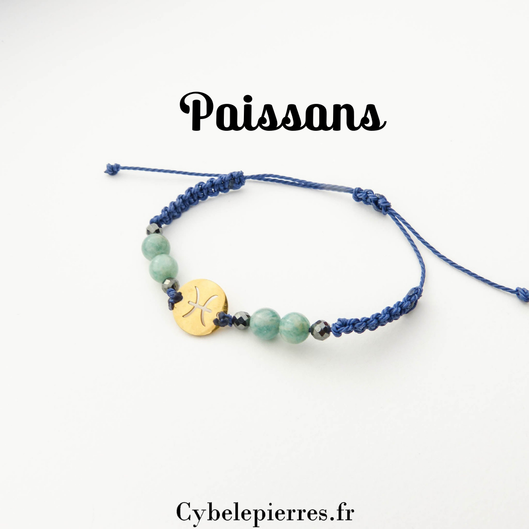 Bracelet Astrologie Poissons Amazonite – Réglable, Breloque dorée