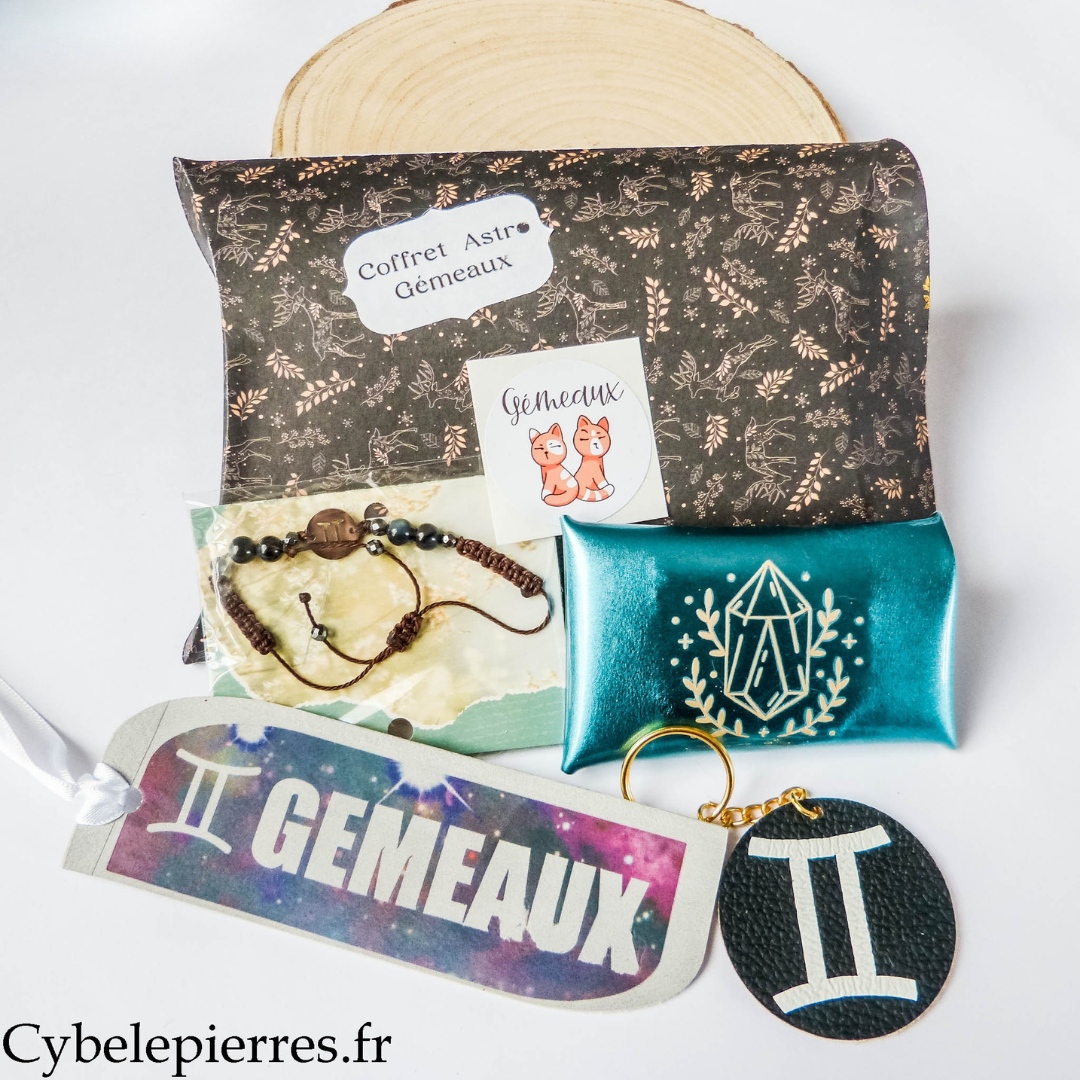 Coffret astrologique Gémeaux – bracelet en pierres naturelles & accessoires