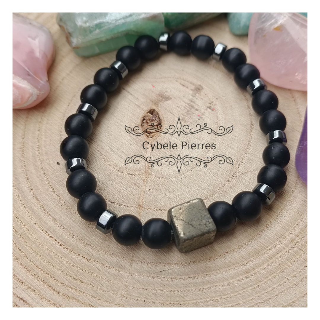 Bracelet Force ultime - Pyrite carrée  et Onyx mat (8 et 10mm) - 20m