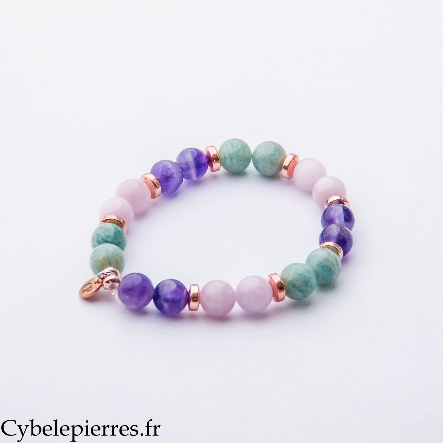 Bracelet Harmonie Intérieure – Améthyste, Amazonite et Kunzite (8 mm) – 17 cm | Sérénité, Équilibre et Douceur