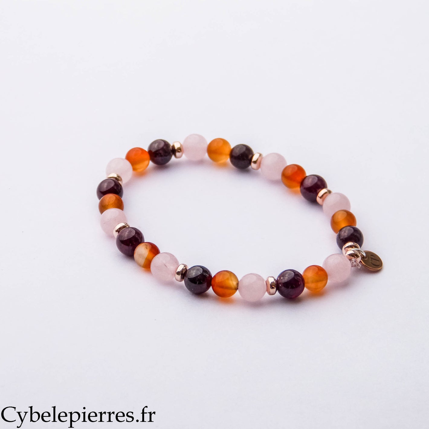 Bracelet Renaissance – Cornaline, Grenat et Quartz Rose (6 mm) – 17 cm | Vitalité, Douceur et Confiance