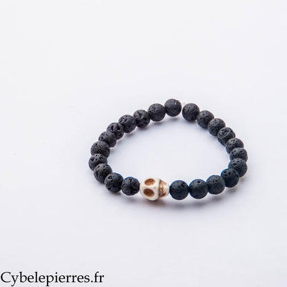 Bracelet Halloween – Pierre de Lave et Tête de Mort en Howlite (6 mm) – 15 cm | Force, Ancrage et Calme