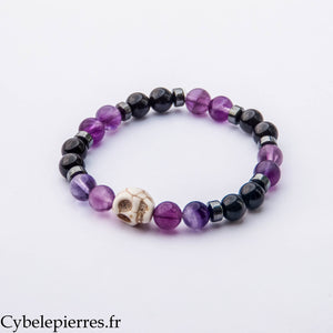 Bracelet Halloween – Fluorine Violette, Spinelle et Tête de Mort en Howlite (8 mm) – 19 cm | Mystère, Clarté et Protection