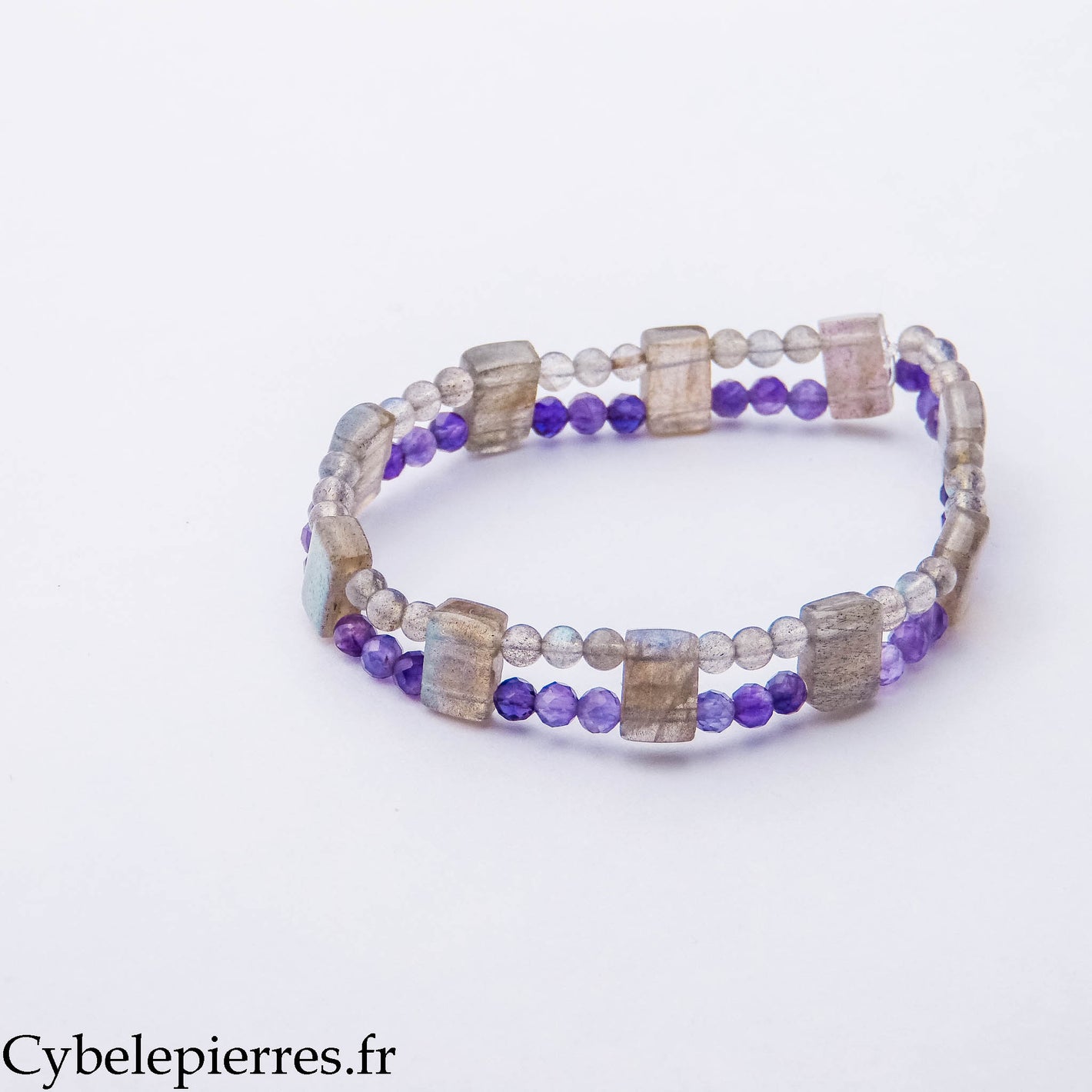 Bracelet Double Protection – Labradorite et Améthyste (3 et 8 mm) – 18 cm | Intuition, Calme et Énergie