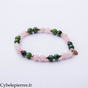 Bracelet Cœur Sauvage – Anyolite et Quartz Rose (6 mm) – 18 cm | Confiance, Douceur et Vitalité