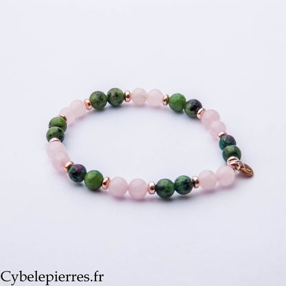 Bracelet Cœur Sauvage – Anyolite et Quartz Rose (6 mm) – 18 cm | Confiance, Douceur et Vitalité