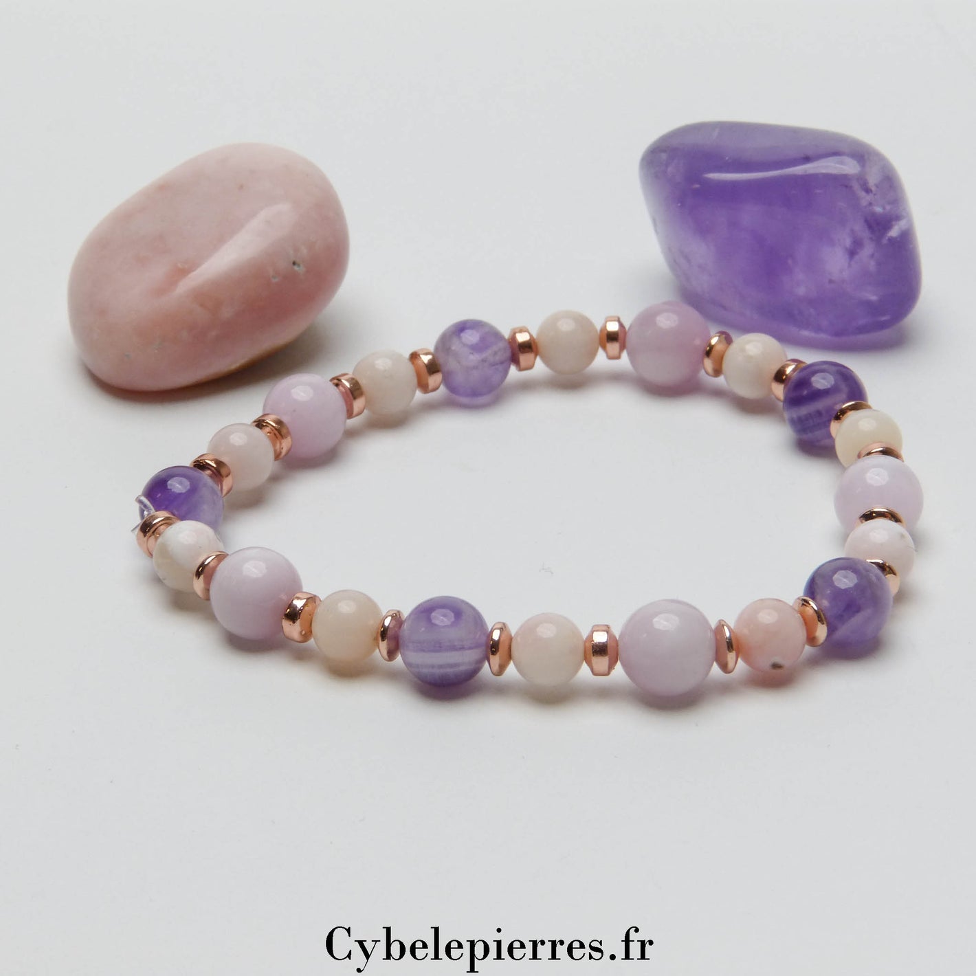 Bracelet Éveil Spirituel – Kunzite, Opale Rose et Améthyste (6-8mm) – 19 cm | Sérénité et Intuition