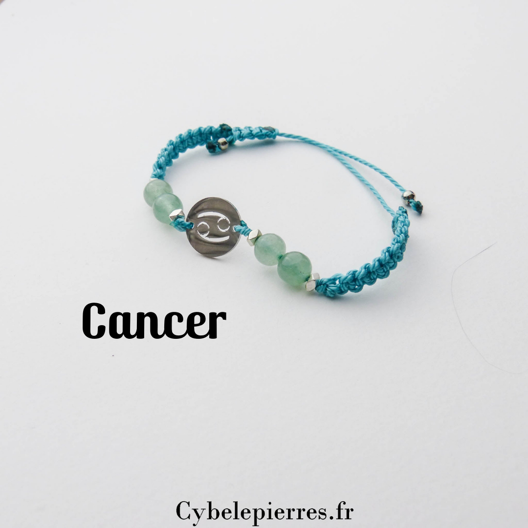Bracelet Astrologie Cancer Aventurine Verte – Réglable, Breloque Argentée