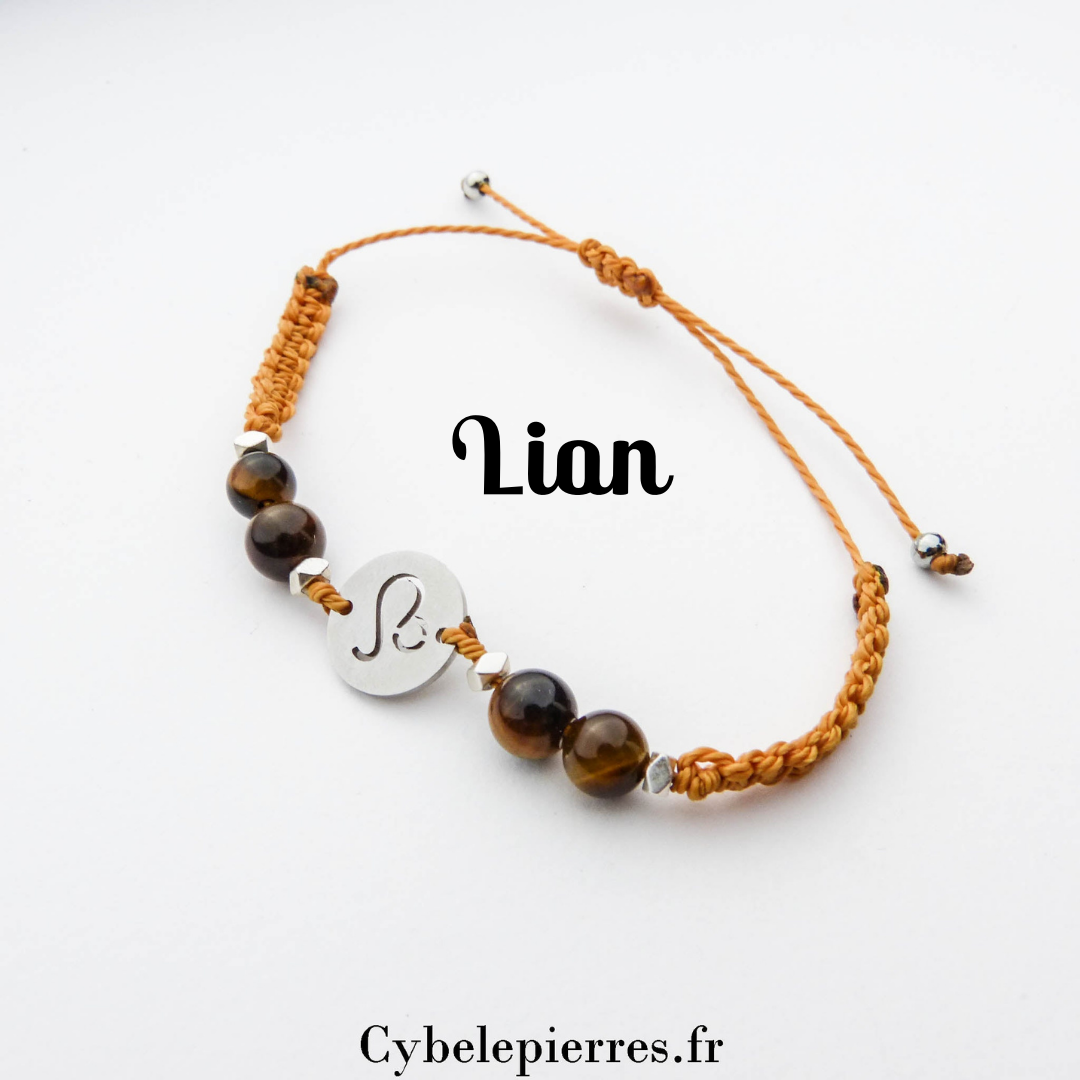 Bracelet Astrologie Lion Œil de tigre – Réglable, breloque argentée
