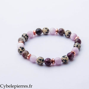 Bracelet Papesse – Jaspe Dalmatien, Rubellite et Kunzite (8mm) – 19 cm | Intuition, Douceur et Affirmation