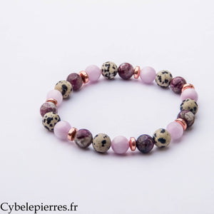 Bracelet Papesse – Jaspe Dalmatien, Rubellite et Kunzite (8mm) – 19 cm | Intuition, Douceur et Affirmation