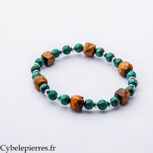 Bracelet Conscience du Cœur – Œil de Tigre Carré Facetté & Malachite (6 et 10 mm) – 19 cm | Ancrage, Clarté et Ouverture