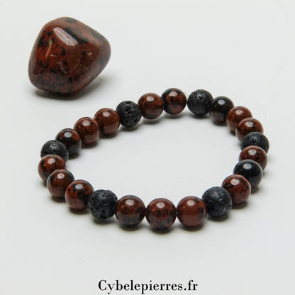 Bracelet Connexion avec Soi-même - Obsidienne Acajou et Pierre de Lave (8mm) - 19cm | Force et Stabilité