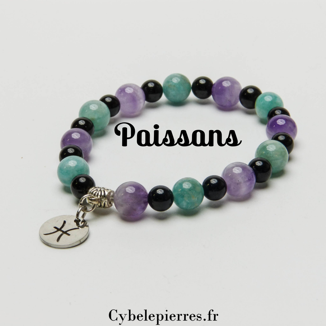 1- Bracelet Poissons - Améthyste, Amazonite et Tourmaline (6 et 8mm) | Intuition et Apaisement