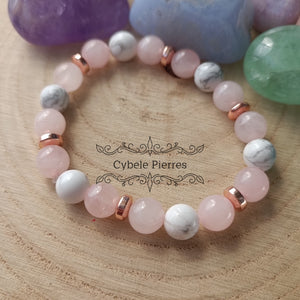 Bracelet Quartz rose et Howlite (8mm) - 17cm