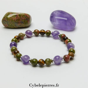 Bracelet Déblocage - Améthyste, Unakite  et Oeil de tigre (6 et 8mm) - 18cm