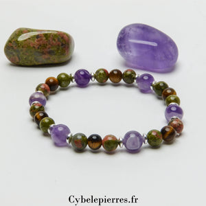 Bracelet Déblocage - Améthyste, Unakite  et Oeil de tigre (6 et 8mm) - 18cm